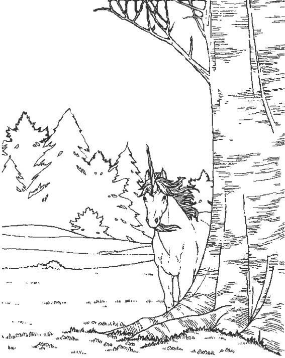 coloriage licorne derriere l arbre